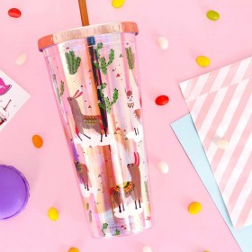 Doppelwandiger Trinkbecher und Kunststoffeinsatz und Strohhalm für das Büro